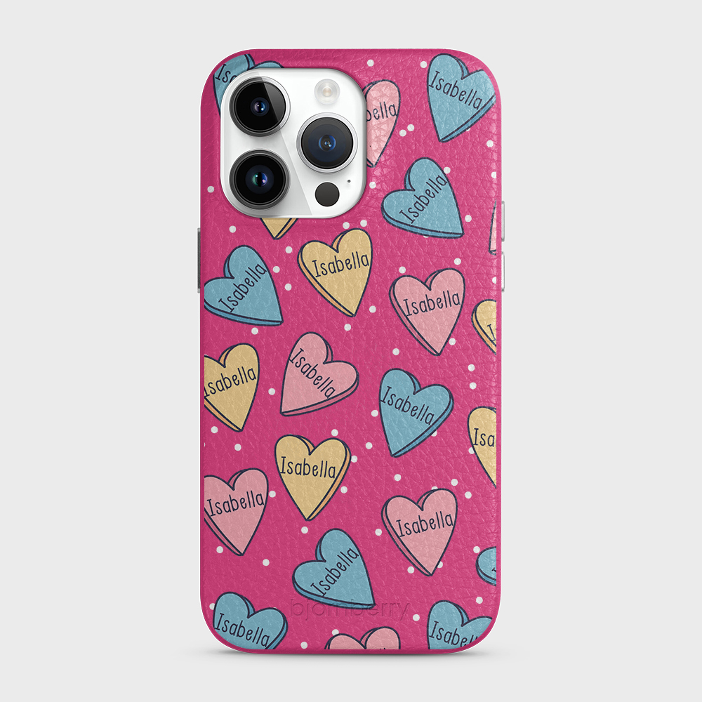 iPhone 14 Pro Max Personalised Leather Case - Candy Hearts - 5