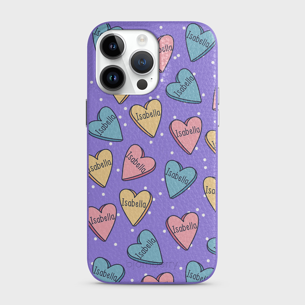 iPhone 14 Pro Max Personalised Leather Case - Candy Hearts