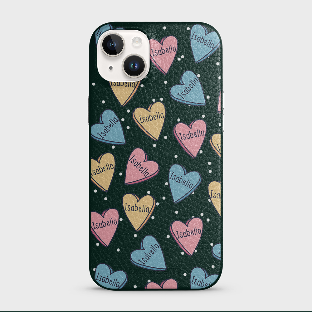 iPhone 14 Plus Personalised Leather Case - Candy Hearts - 11