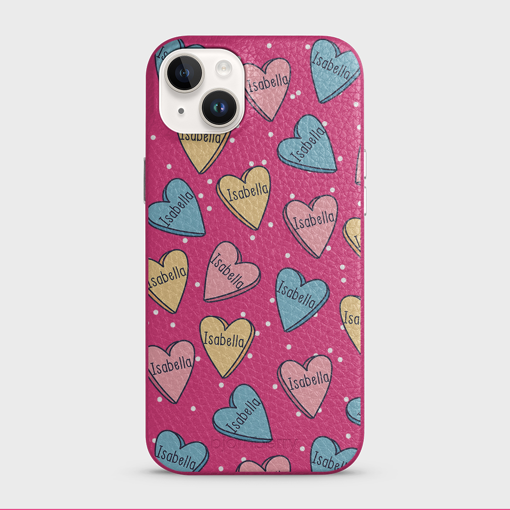 iPhone 14 Plus Personalised Leather Case - Candy Hearts - 9