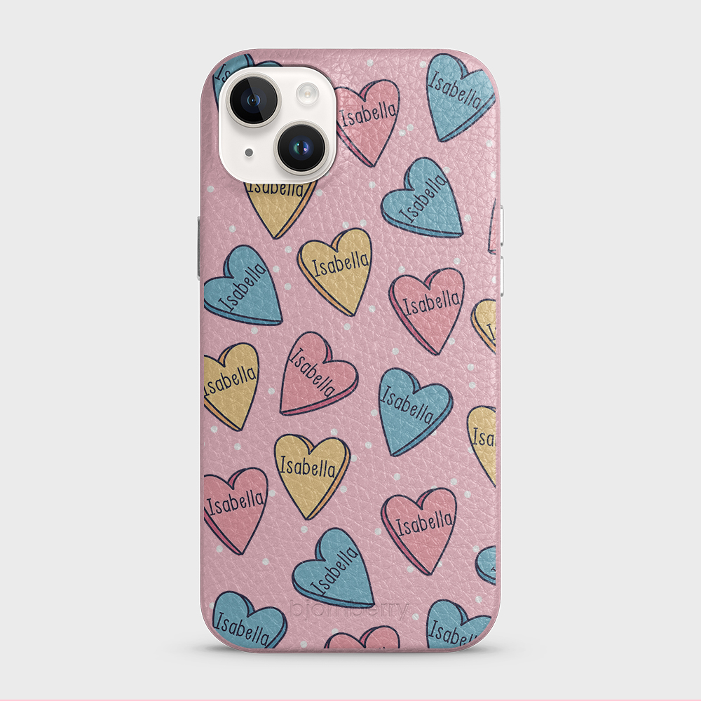 iPhone 14 Plus Personalised Leather Case - Candy Hearts - 3