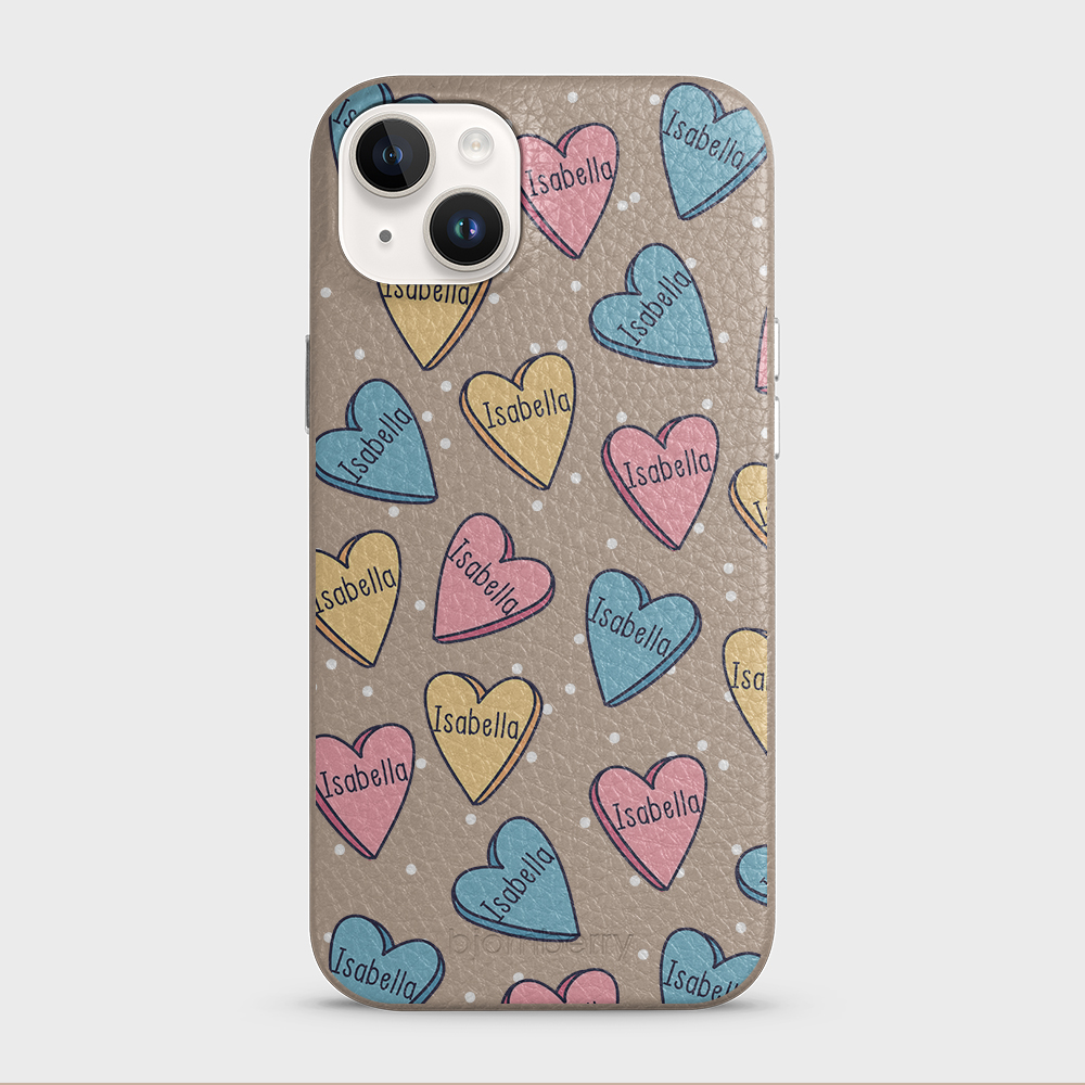 iPhone 14 Plus Personalised Leather Case - Candy Hearts - 7