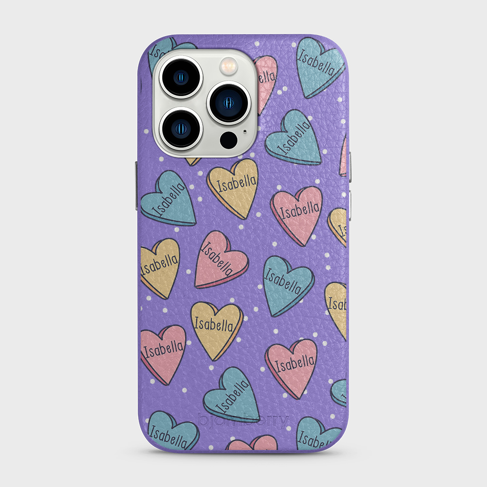 iPhone 13 Pro Personalised Leather Case - Candy Hearts