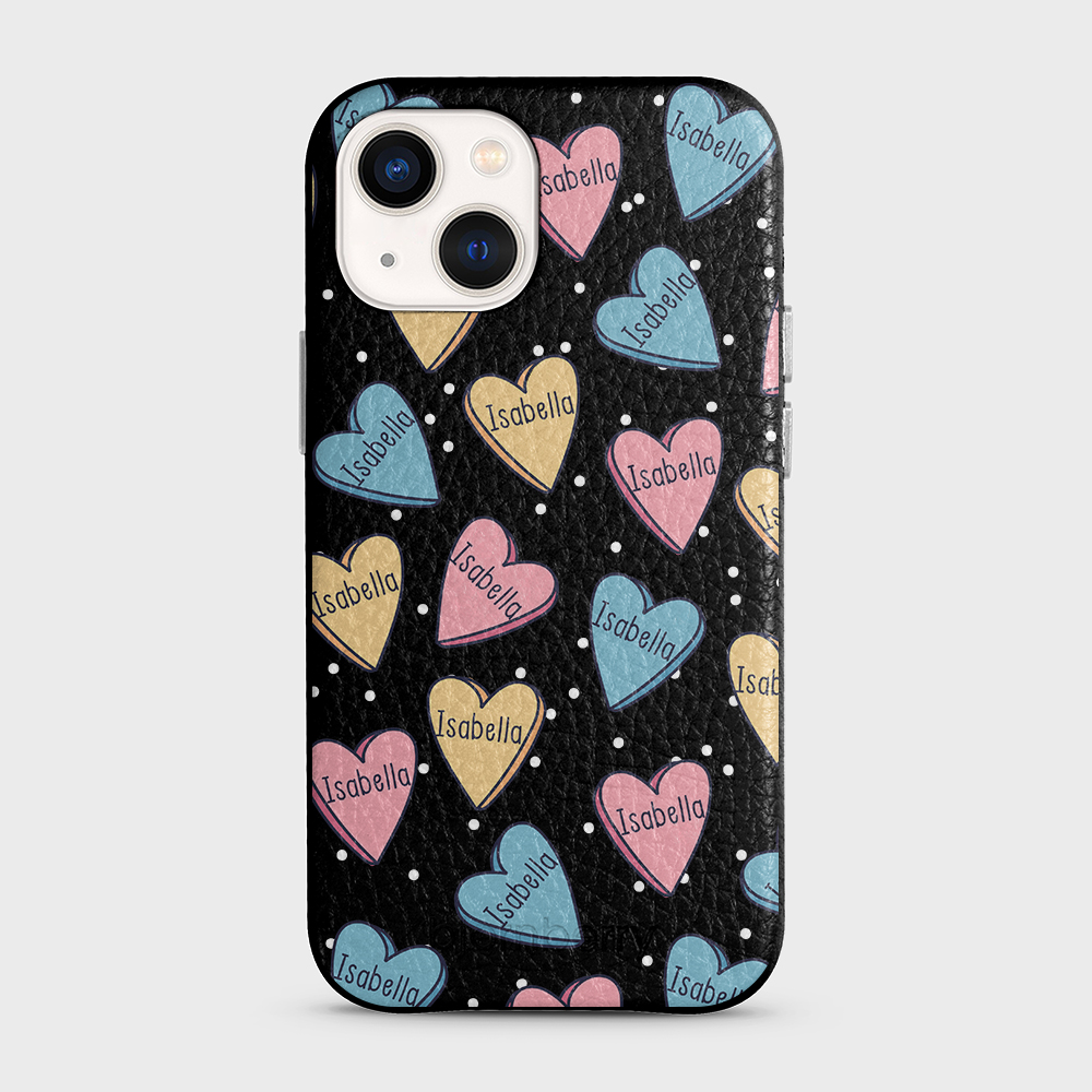 iPhone 13 Mini Personalised Leather Case - Candy Hearts - 3