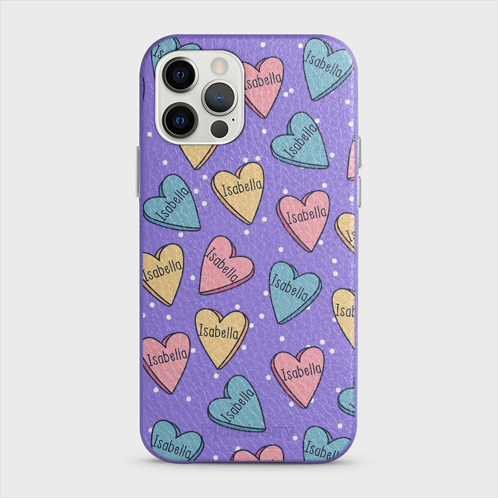 iPhone 12/12 Pro Personalised Leather Case - Candy Hearts - 3