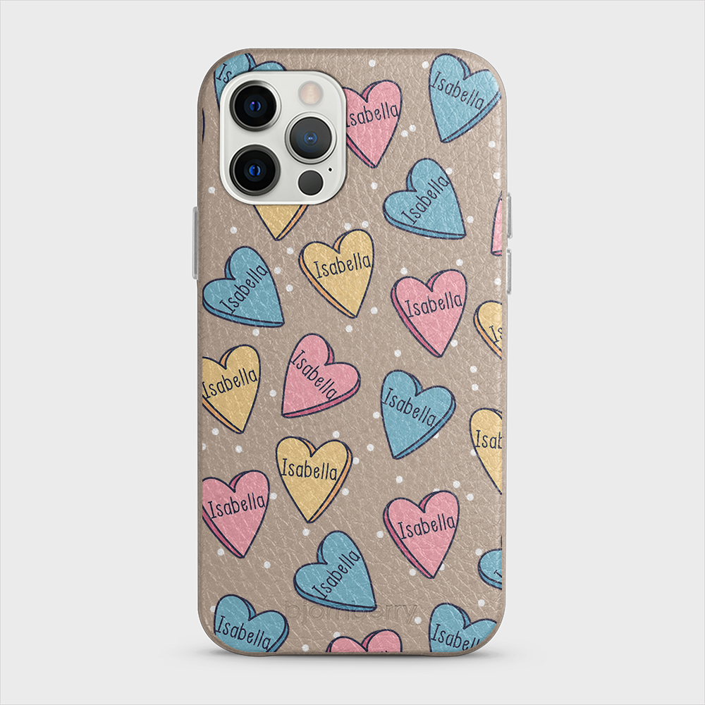 iPhone 12/12 Pro Personalised Leather Case - Candy Hearts - 5