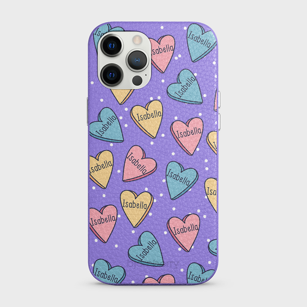 iPhone 12 Pro Max Personalized Leather Case - Candy Hearts