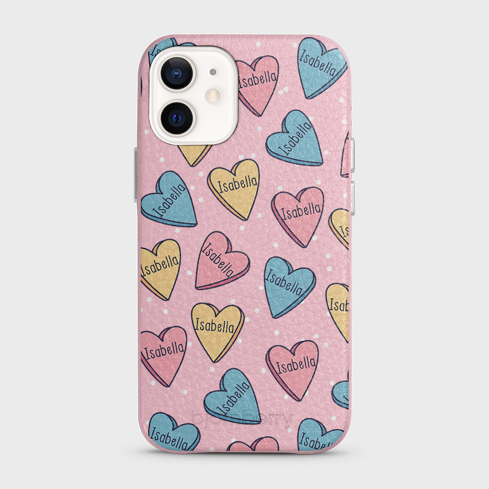 iPhone 12 Mini  Personalized Leather Case - Candy Hearts - 5