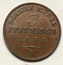 Tyskland Preussen 3 pfennig 1864 1+/01