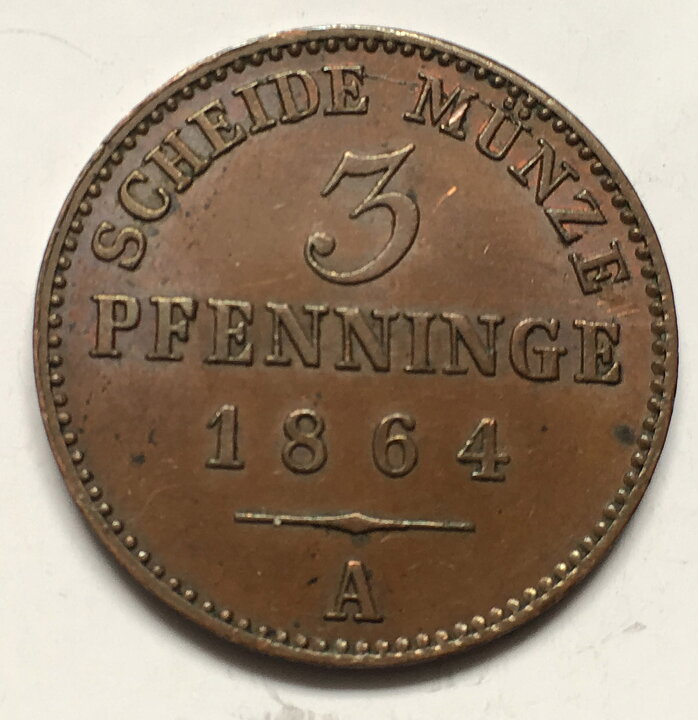 Tyskland Preussen 3 pfennig 1864 1+/01