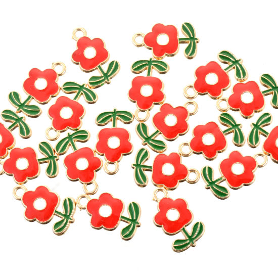 Charm  /Connector -  enameld   flower leaf,  Red