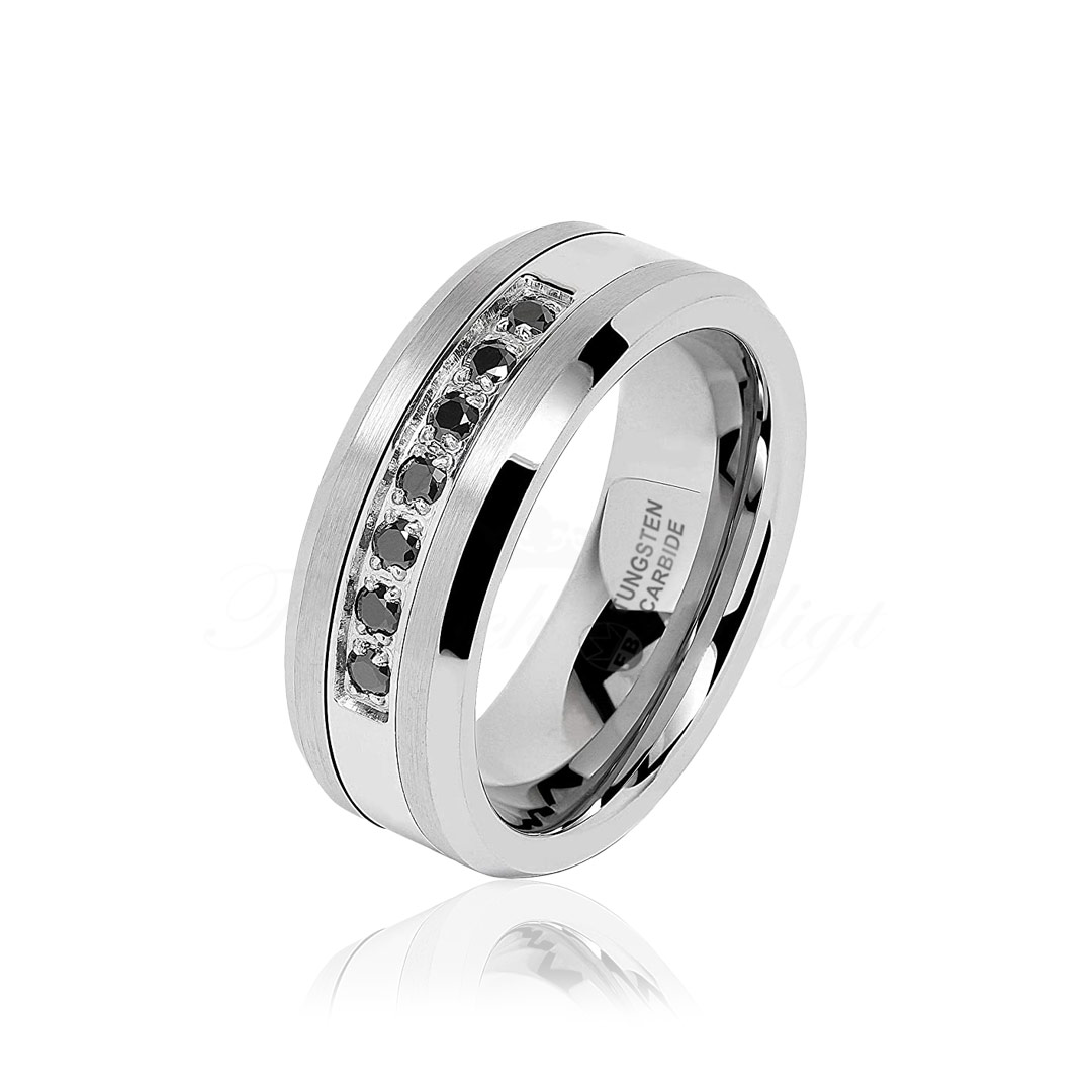 Ring FB2000 Blackstone  Tungstensring Titaninlägg Högblank & Borstad Finish 7st Svarta AAA CZ Diamanter 6mm 8mm side