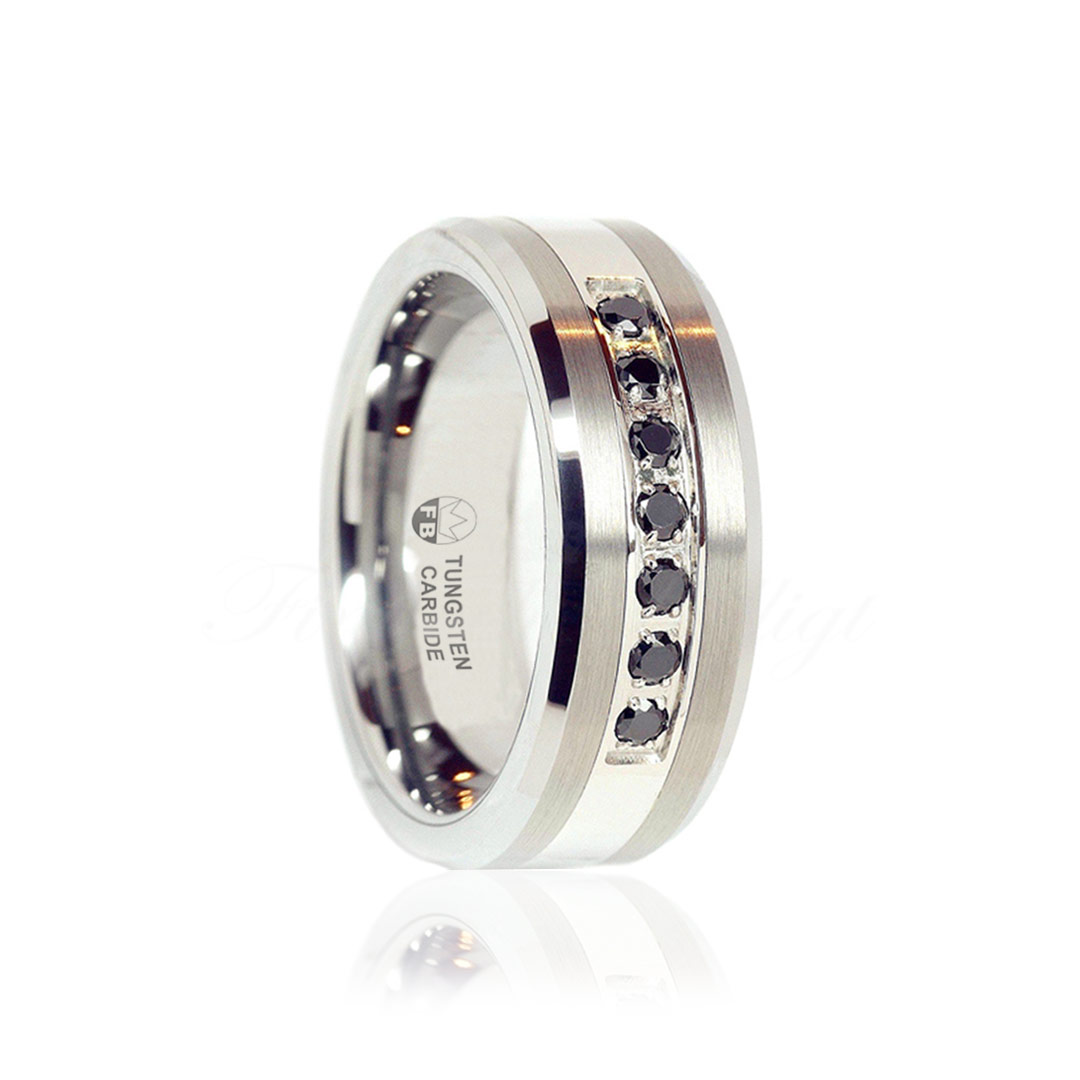 Ring FB2000 Blackstone  Tungstensring Titaninlägg Högblank & Borstad Finish 7st Svarta AAA CZ Diamanter 6mm