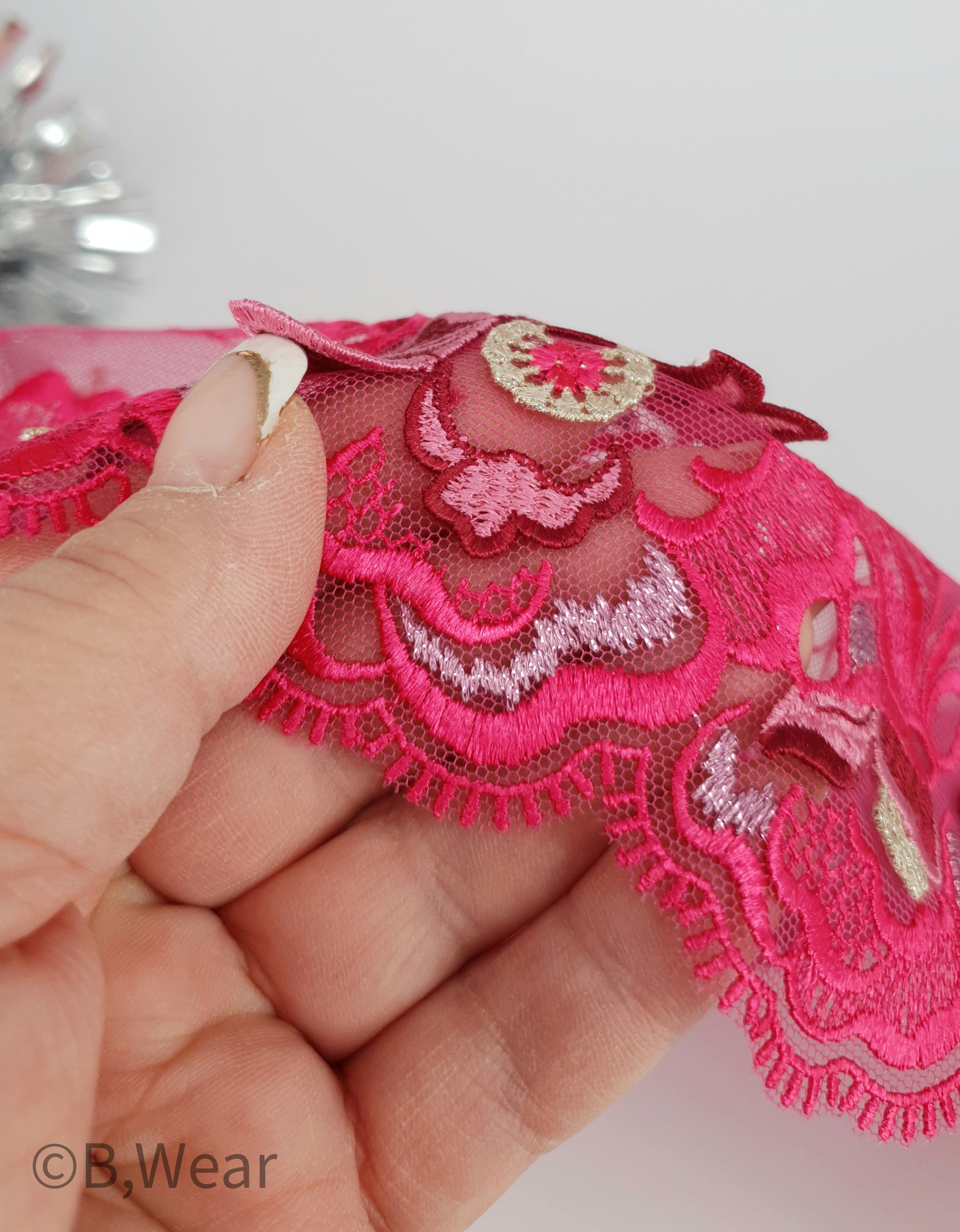 Cerise stum spets med 3D blommor - 23 cm - 3