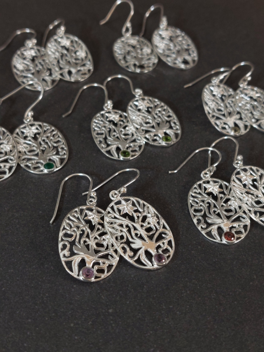 Träd med blomma och cabochon - Örhängen Silver  - 4