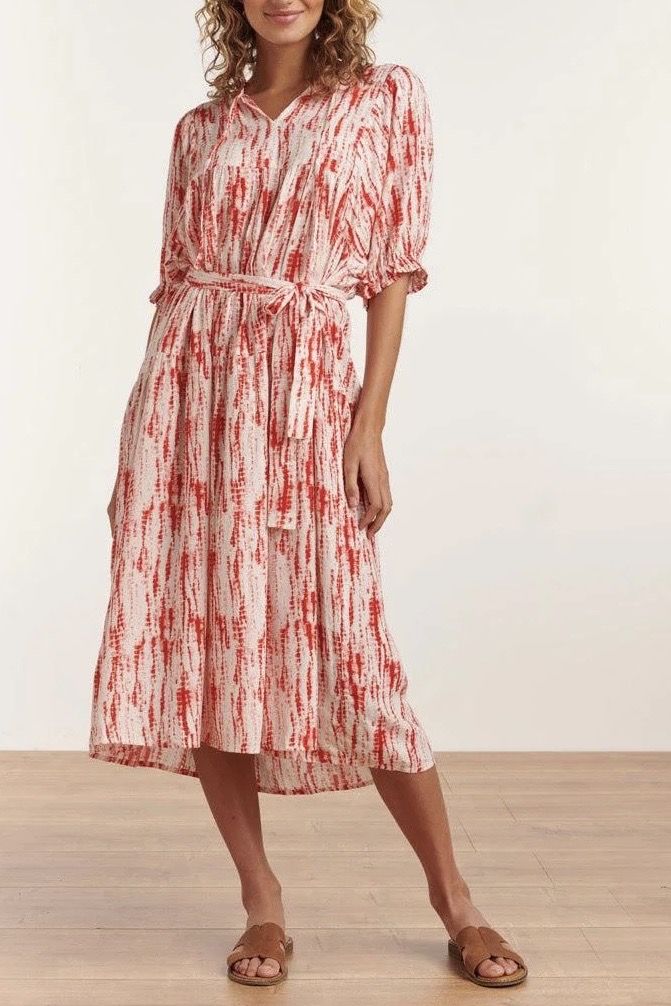 Smashed Lemon - Florette Coral Printed Belted Maxi Dress - 2