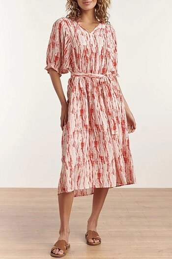 Smashed Lemon - Florette Coral Printed Belted Maxi Dress