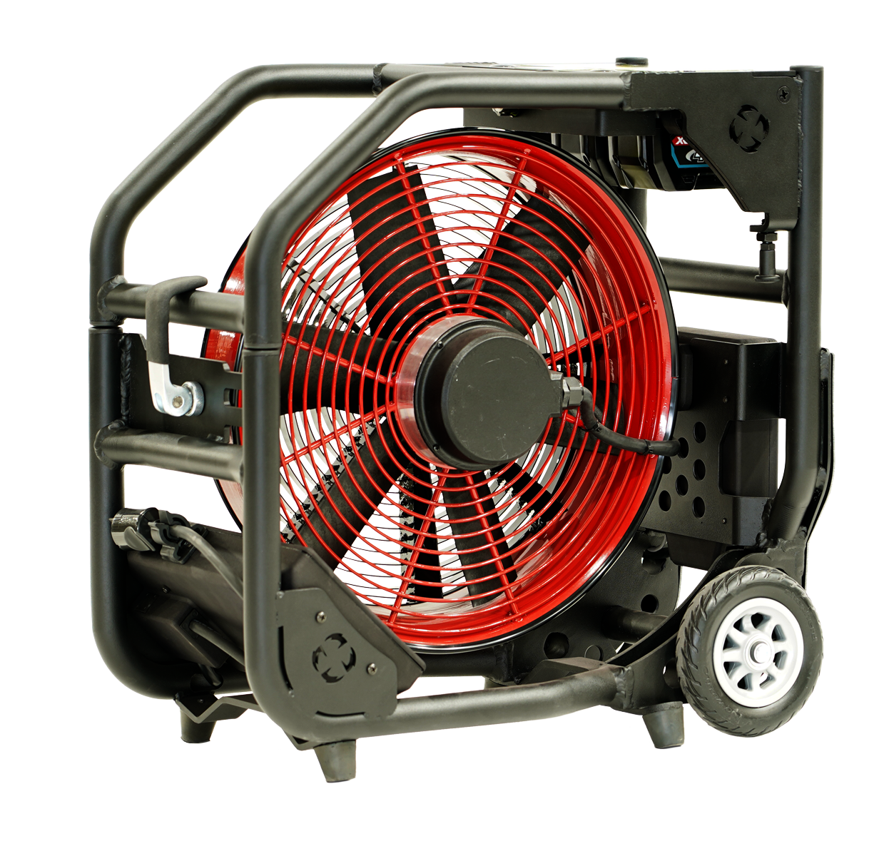 Batteridrevet Vifte, SuperVac  V16-BK-SP,-WH Driftet med 40V Makita batterier eller 230 VAC. En meget Støysvak vifte, ca. 74 db ved maks belastning, Maks driftstid ved full ytelse 45 min. Ytelse 15,120 cmh "AMCA 240 Certified" - 5