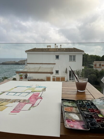 akvarell "Mallorca vid havet" tavla orginal av Maria C Bernhardsson