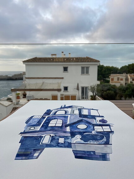 akvarell "Blue Mallorca" tavla orginal av Maria C Bernhardsson
