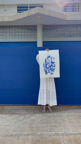 akvarell "Blue Mallorca" tavla orginal av Maria C Bernhardsson