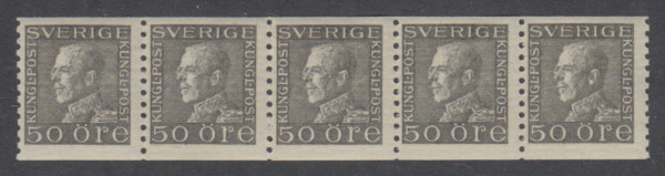 F 192b, Gustaf V Profil vänster 50 öre grå femstrip **