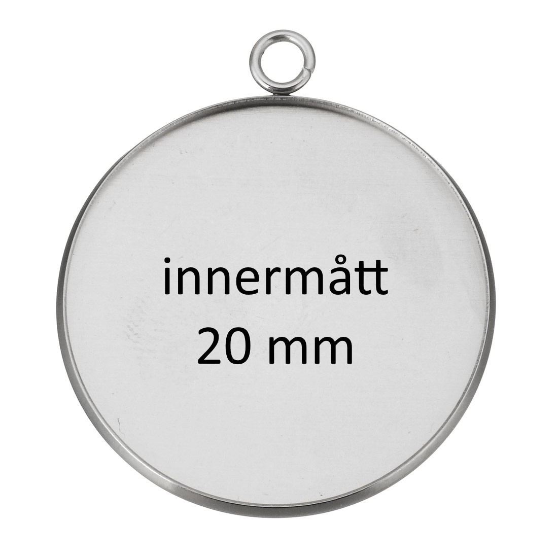 Cabochonfäste i rostfritt stål med rund ram för 20 mm cabochon, ca 26,5 x 22 mm med upphängningsögla, visat i närbild