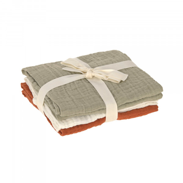 Lässig Swaddle & Burp Blanket M 3 pcs ass., Little Forest olive/milky/rust, 60 x 60 cm - 2