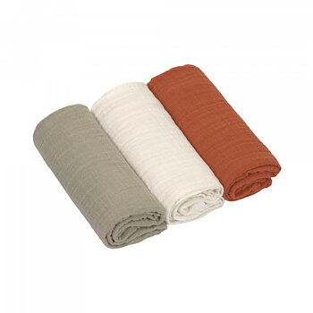 Lässig Swaddle & Burp Blanket M 3 pcs ass., Little Forest olive/milky/rust, 60 x 60 cm