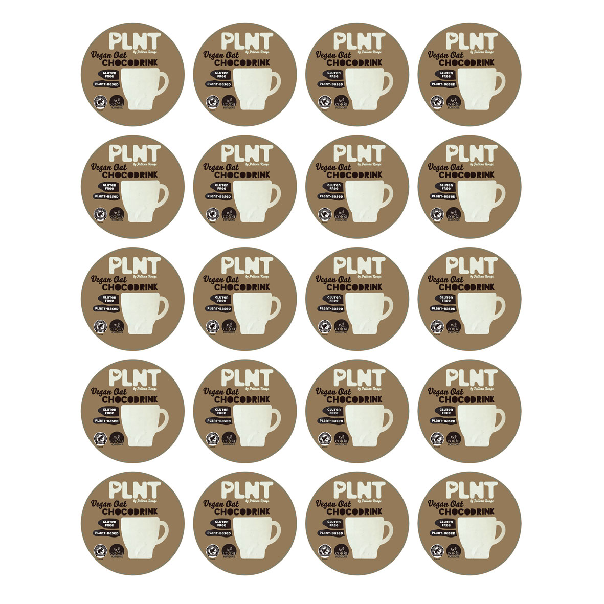 Kanisterdekal Vegan Oat Chockodrink. Format 40 mm diam. Beställes i ark om 20 ex.