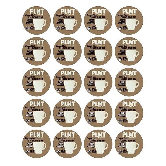 Kanisterdekal Vegan Oat Chockodrink. Format 40 mm diam. Beställes i ark om 20 ex.