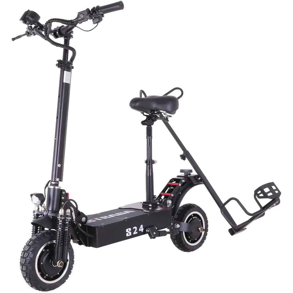 Hopfällbar El-scooter med golfbagshållare.