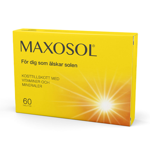 En gul rektangulär pappersförpackning som det står Maxosol 60 tabletter på