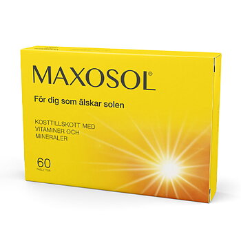 En gul rektangulär pappersförpackning som det står Maxosol 60 tabletter på