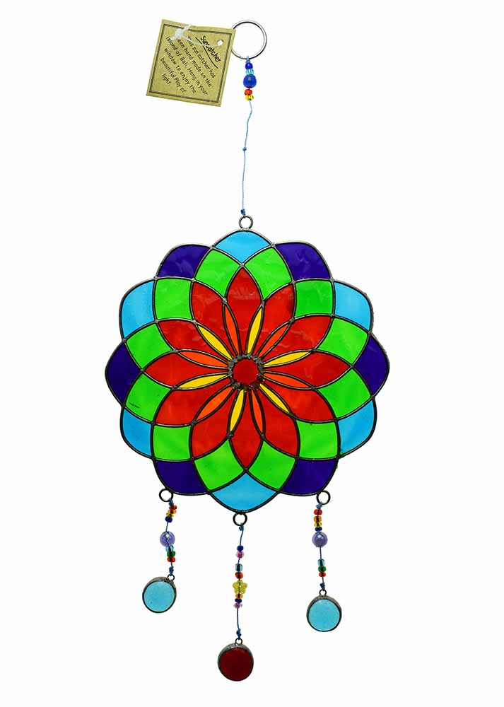 Grön/Röd mix Mandala  Solfångare med hängande pärlor  -  29cm
