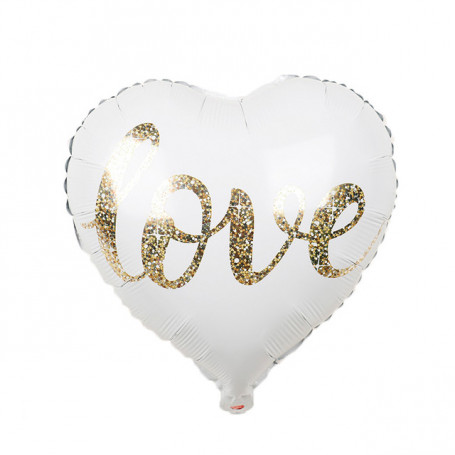FOLIEBALLONG HJÄRTA VIT MED GLITTER TEXT LOVE