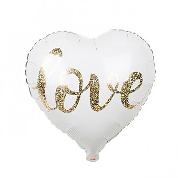 FOLIEBALLONG HJÄRTA VIT MED GLITTER TEXT LOVE