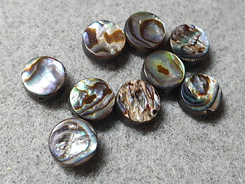Abalone, puck  ca. 8mm med hål , 10st/fp Pris/fp ( tvåsidig )