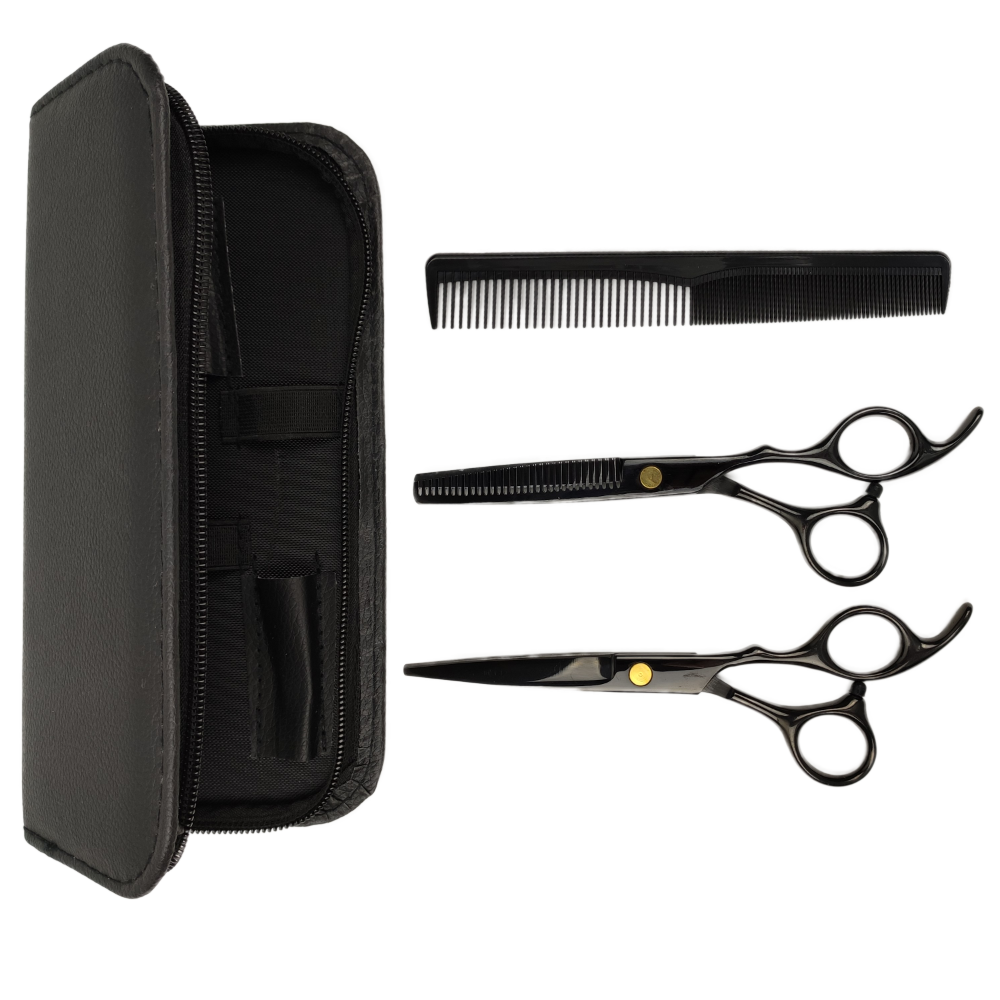 Professional Hairdressing Set - Black Scissors, Comb, Case - 4 pieces - Luxury