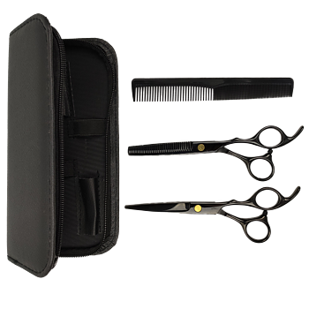Professional Hairdressing Set - Black Scissors, Comb, Case - 4 pieces - Luxury