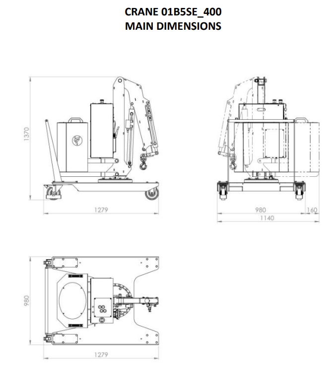 Mobil verkstadskran 01B5SE_400, Maxlast: 500-260 kg / armlängd: 810 mm - 2