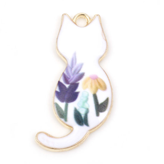 Berlock -  Emaljerad Katt, Vit m. blommor 