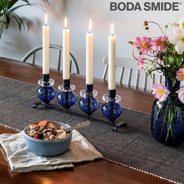 Erik Höglund (1960s) Metal Candleholder with Four Blue Glass Sections 34 cm SH338
