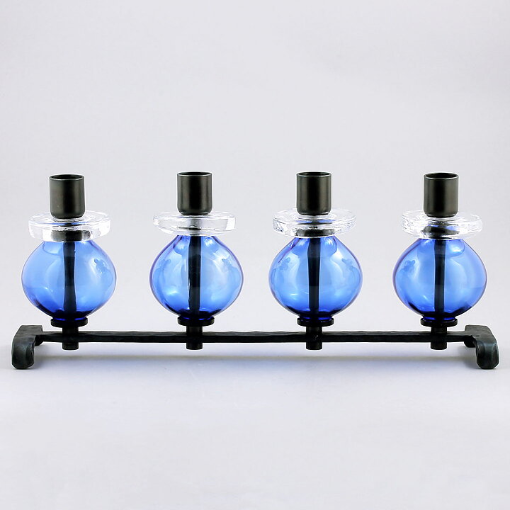 Erik Höglund (1960s) Metal Candleholder with Four Blue Glass Sections 34 cm SH338