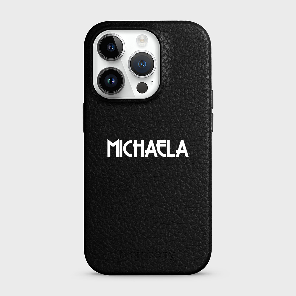 iPhone 14 Pro Personalised Leather Case - Art Deco Name