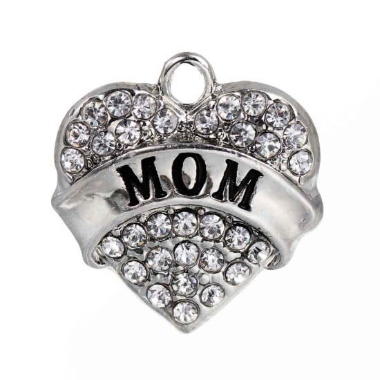Charm - silver heart "MOM" rhinestones
