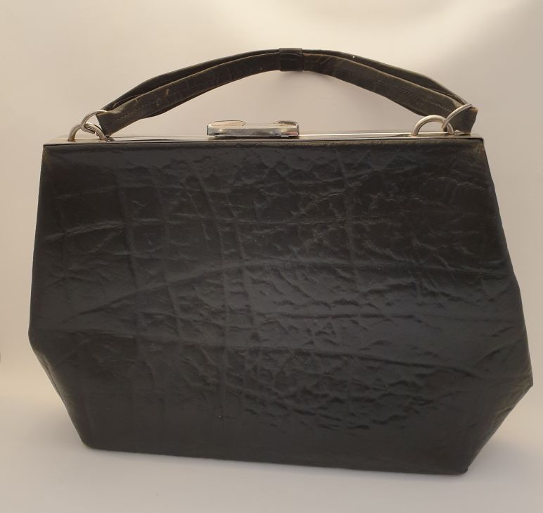 Handväska svart präglat läder 1960-tal - 2