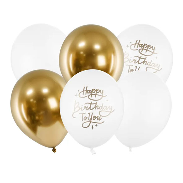 Ballonger | 6-pack | Happy Birthday to you | Vit och guld