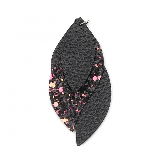 Charm,  PU Leather,  Leaf, Black Glitter