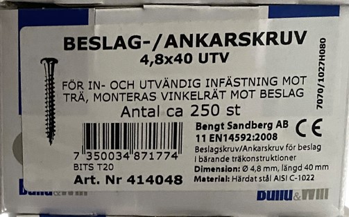 Beslag/Ankarskruv 4,8X40 utv 250/förp. Nettoprisad artikel - 2